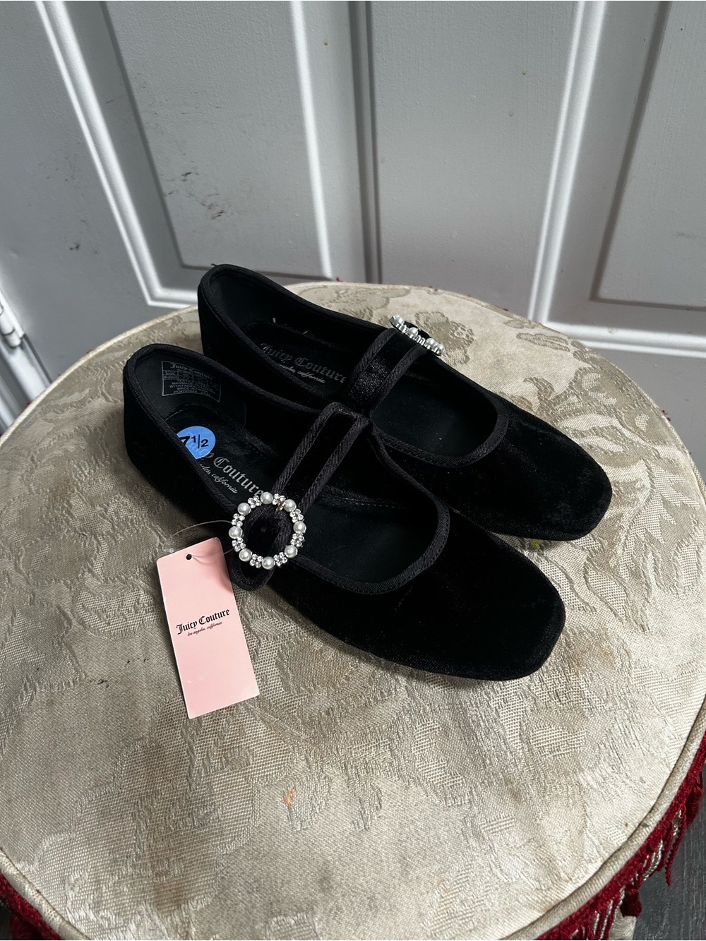 Juicy Couture Black Velvet Mary Jane Flats with Pearl Buckle Accent